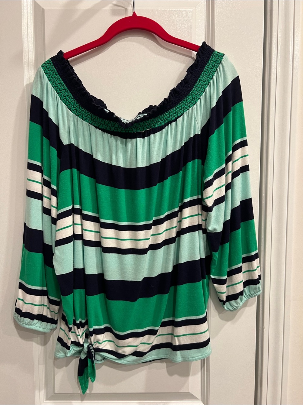 crown & ivy Green, Mint & Navy Striped Off-Shoulder Tunic
